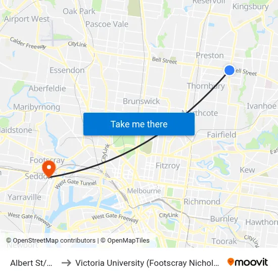 Albert St/Bell St to Victoria University (Footscray Nicholson Campus) map