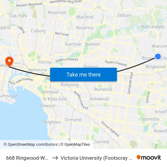 668 Ringwood-Warrandyte Rd to Victoria University (Footscray Nicholson Campus) map