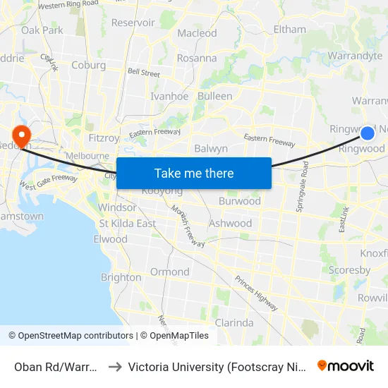 Oban Rd/Warrandyte Rd to Victoria University (Footscray Nicholson Campus) map