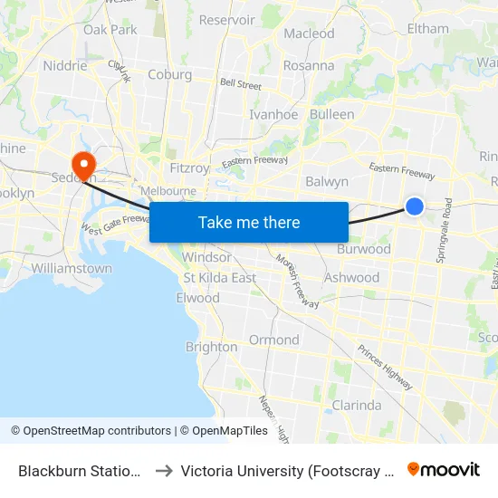 Blackburn Station/Railway Rd to Victoria University (Footscray Nicholson Campus) map