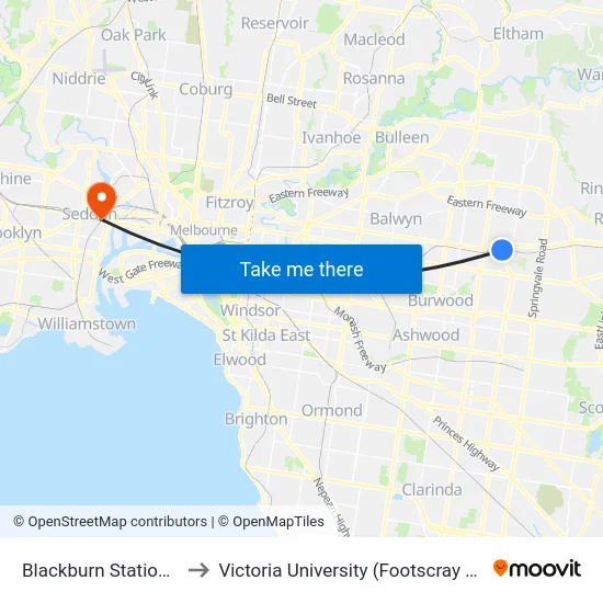 Blackburn Station/Railway Rd to Victoria University (Footscray Nicholson Campus) map