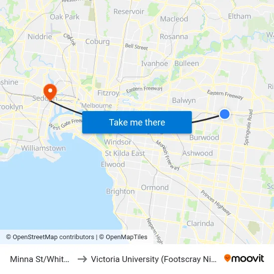 Minna St/Whitehorse Rd to Victoria University (Footscray Nicholson Campus) map