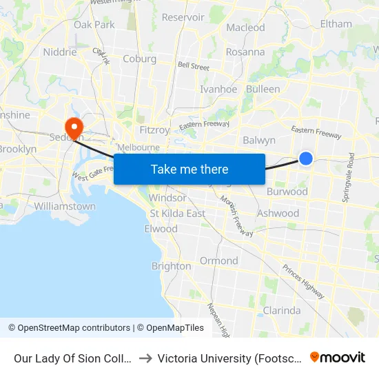 Our Lady Of Sion College/Whitehorse Rd to Victoria University (Footscray Nicholson Campus) map