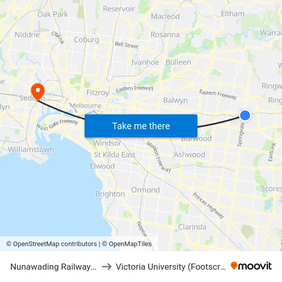 Nunawading Railway Station/Station St to Victoria University (Footscray Nicholson Campus) map