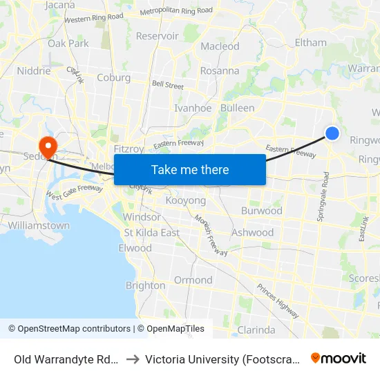 Old Warrandyte Rd/Springvale Rd to Victoria University (Footscray Nicholson Campus) map