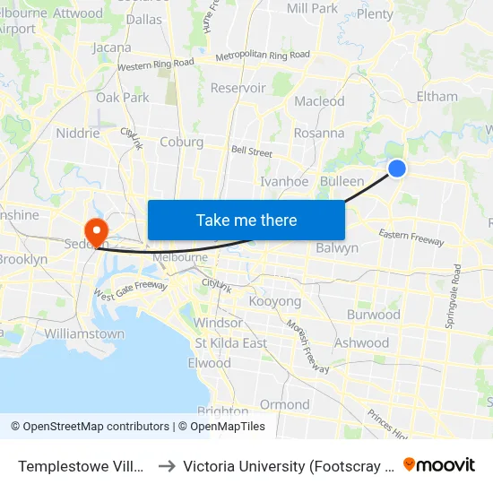 Templestowe Village/James St to Victoria University (Footscray Nicholson Campus) map