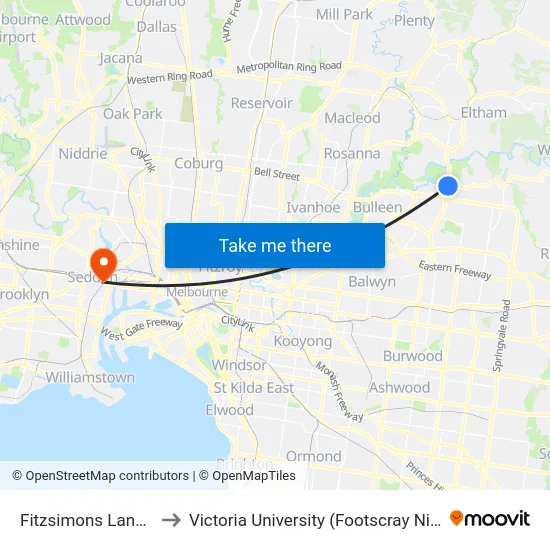 Fitzsimons Lane/Porter St to Victoria University (Footscray Nicholson Campus) map