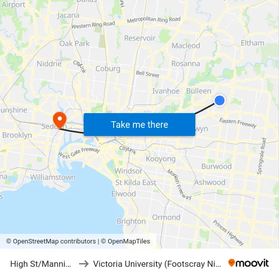 High St/Manningham Rd to Victoria University (Footscray Nicholson Campus) map