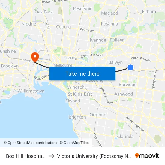Box Hill Hospital/Arnold St to Victoria University (Footscray Nicholson Campus) map