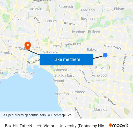 Box Hill Tafe/Nelson Rd to Victoria University (Footscray Nicholson Campus) map
