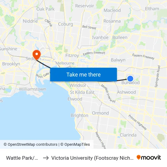 Wattle Park/Elgar Rd to Victoria University (Footscray Nicholson Campus) map
