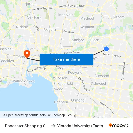 Doncaster Shopping Centre/Williamsons Rd to Victoria University (Footscray Nicholson Campus) map