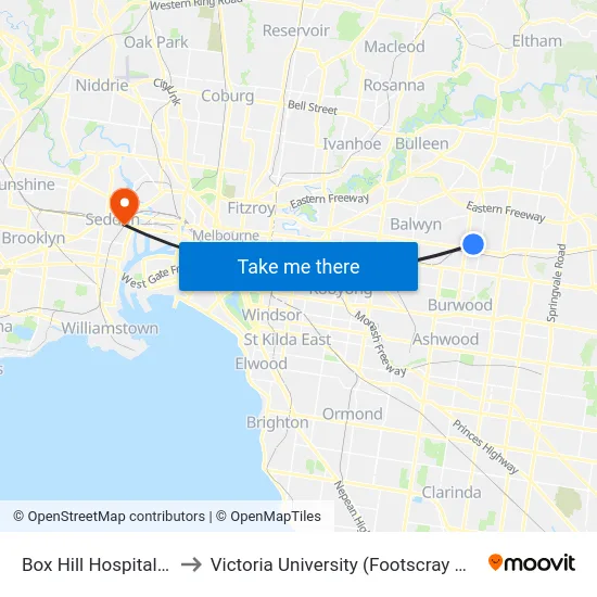 Box Hill Hospital/Nelson Rd to Victoria University (Footscray Nicholson Campus) map
