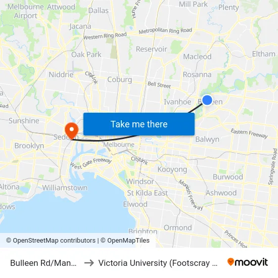 Bulleen Rd/Manningham Rd to Victoria University (Footscray Nicholson Campus) map