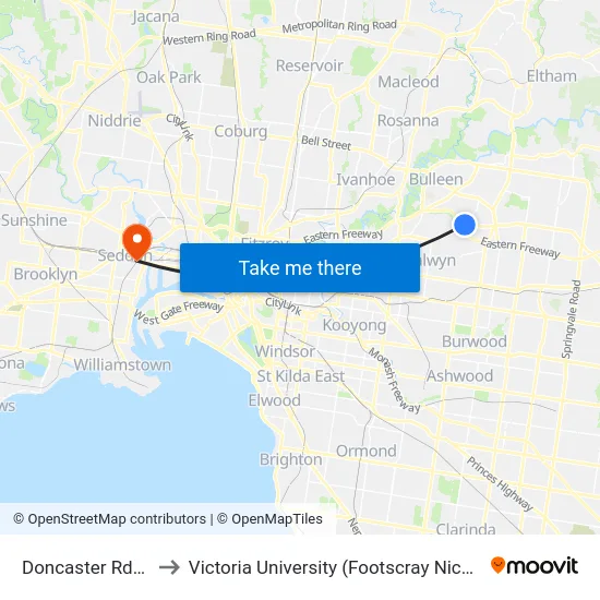 Doncaster Rd/High St to Victoria University (Footscray Nicholson Campus) map
