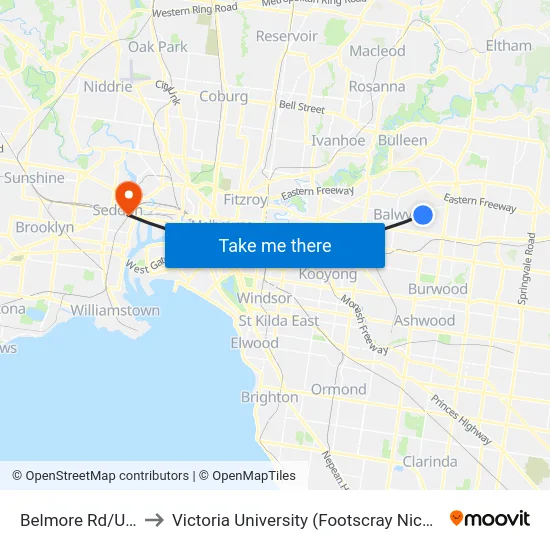 Belmore Rd/Union Rd to Victoria University (Footscray Nicholson Campus) map