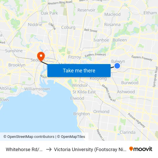Whitehorse Rd/Balwyn Rd to Victoria University (Footscray Nicholson Campus) map