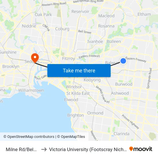 Milne Rd/Belmore Rd to Victoria University (Footscray Nicholson Campus) map