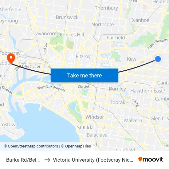 Burke Rd/Belmore Rd to Victoria University (Footscray Nicholson Campus) map