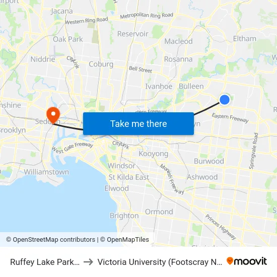 Ruffey Lake Park/George St to Victoria University (Footscray Nicholson Campus) map