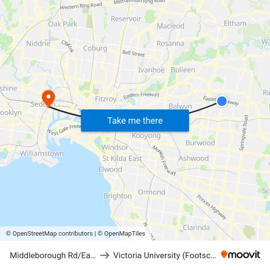 Middleborough Rd/Eastern Fwy On-Ramp to Victoria University (Footscray Nicholson Campus) map