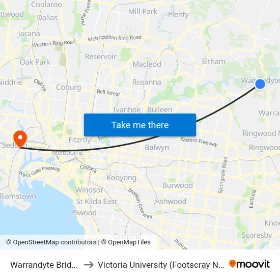Warrandyte Bridge/Yarra St to Victoria University (Footscray Nicholson Campus) map