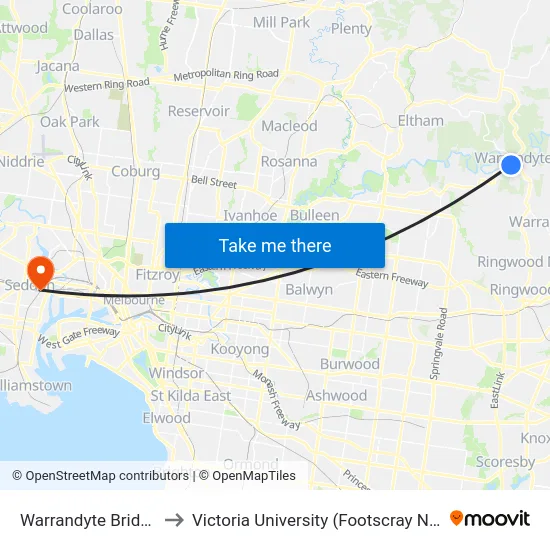 Warrandyte Bridge/Yarra St to Victoria University (Footscray Nicholson Campus) map