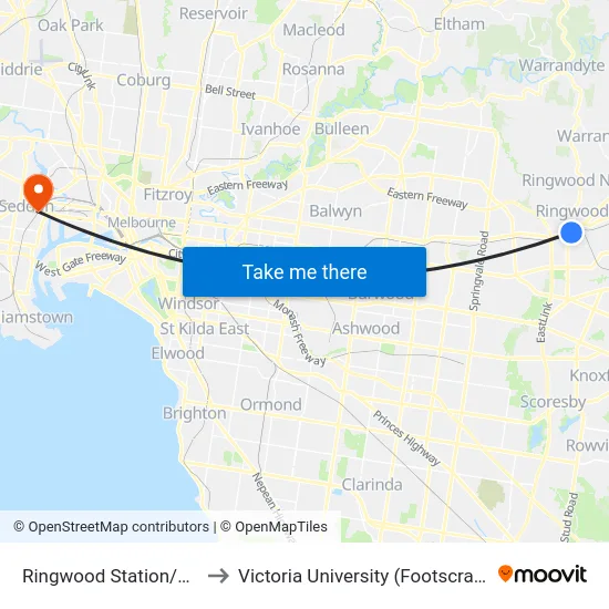 Ringwood Station/Maroondah Hwy to Victoria University (Footscray Nicholson Campus) map