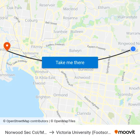Norwood Sec Col/Mullum Mullum Rd to Victoria University (Footscray Nicholson Campus) map