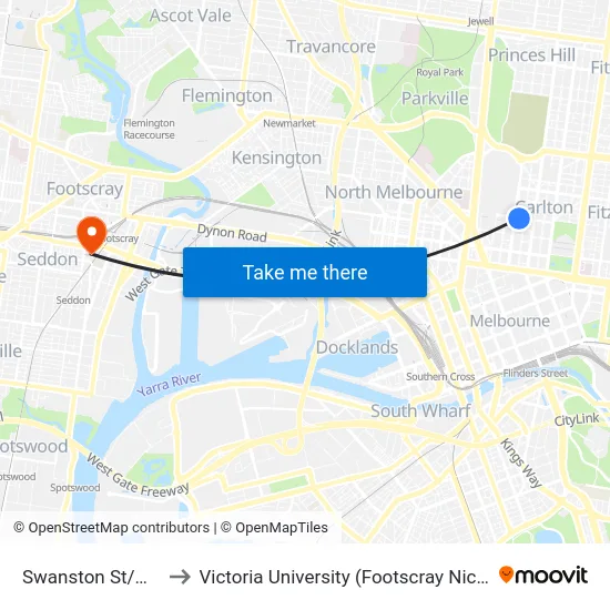 Swanston St/Grattan St to Victoria University (Footscray Nicholson Campus) map