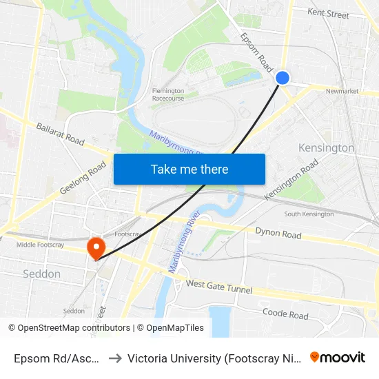 Epsom Rd/Ascot Vale Rd to Victoria University (Footscray Nicholson Campus) map