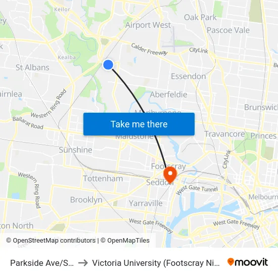Parkside Ave/Sterling Dr to Victoria University (Footscray Nicholson Campus) map