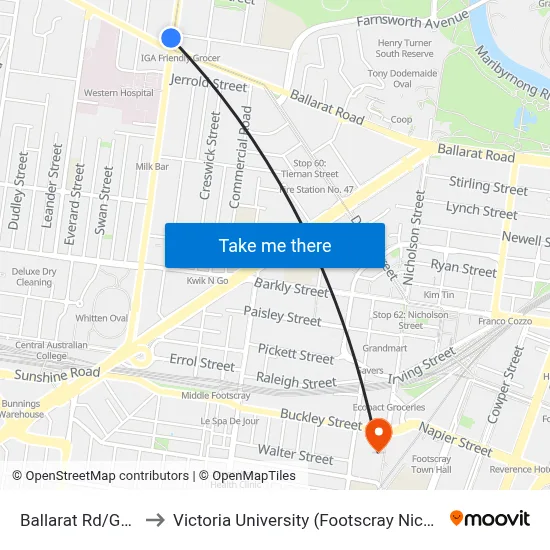 Ballarat Rd/Gordon St to Victoria University (Footscray Nicholson Campus) map