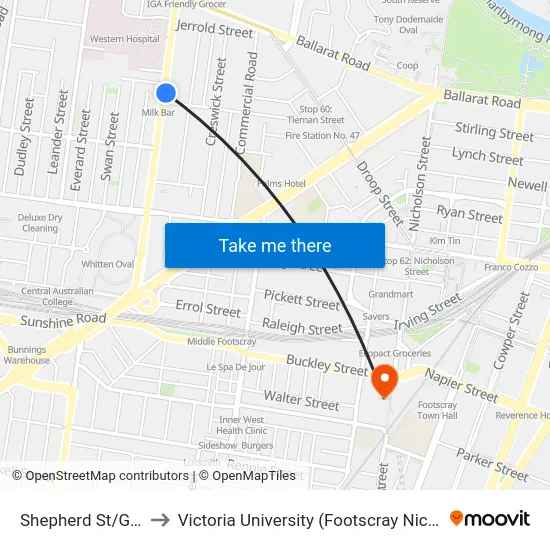 Shepherd St/Gordon St to Victoria University (Footscray Nicholson Campus) map
