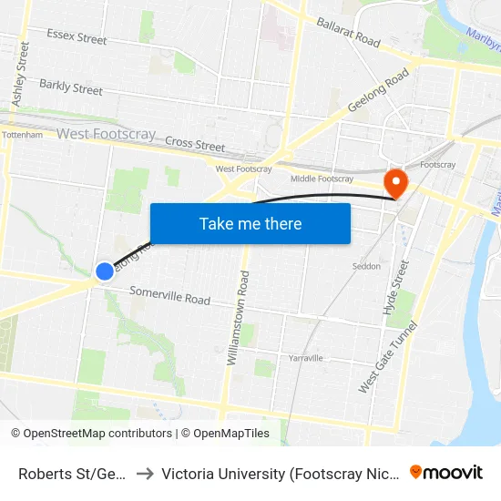 Roberts St/Geelong Rd to Victoria University (Footscray Nicholson Campus) map