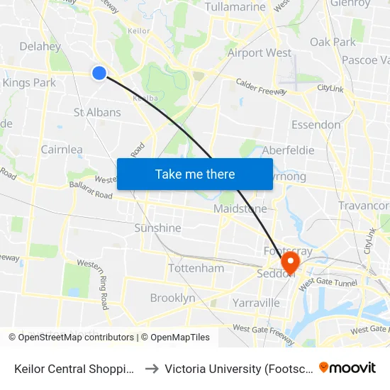 Keilor Central Shopping Centre/Taylors Rd to Victoria University (Footscray Nicholson Campus) map