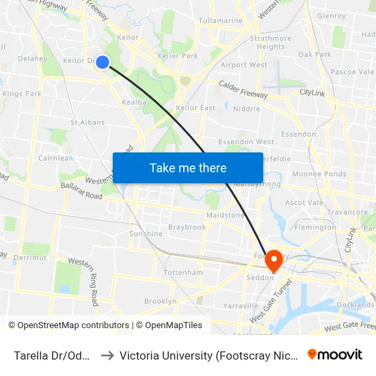 Tarella Dr/Odessa Ave to Victoria University (Footscray Nicholson Campus) map