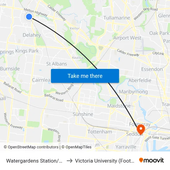 Watergardens Station/Watergardens Circuit Rd to Victoria University (Footscray Nicholson Campus) map