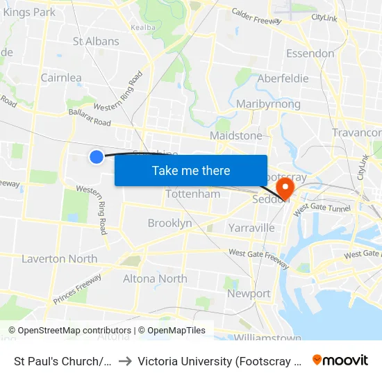 St Paul's Church/Glengala Rd to Victoria University (Footscray Nicholson Campus) map