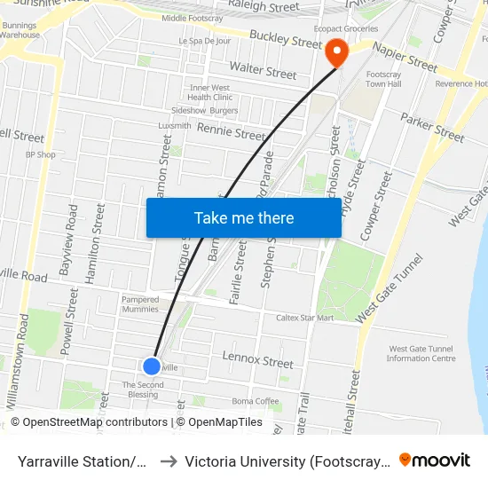 Yarraville Station/Birmingham St to Victoria University (Footscray Nicholson Campus) map