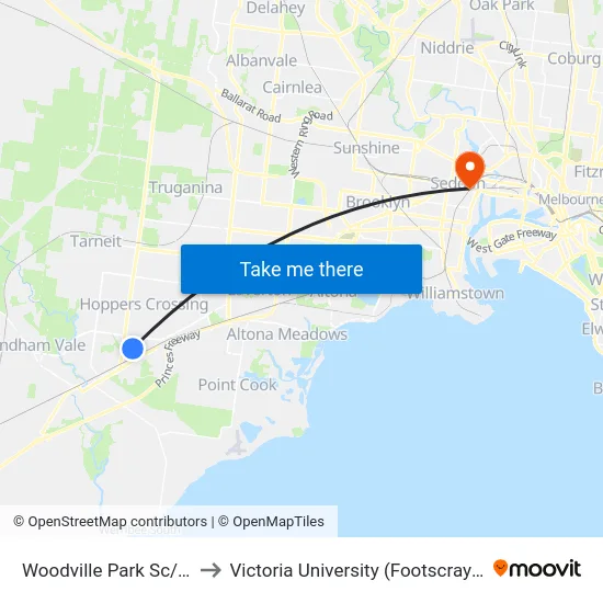 Woodville Park Sc/Warringa Cres to Victoria University (Footscray Nicholson Campus) map