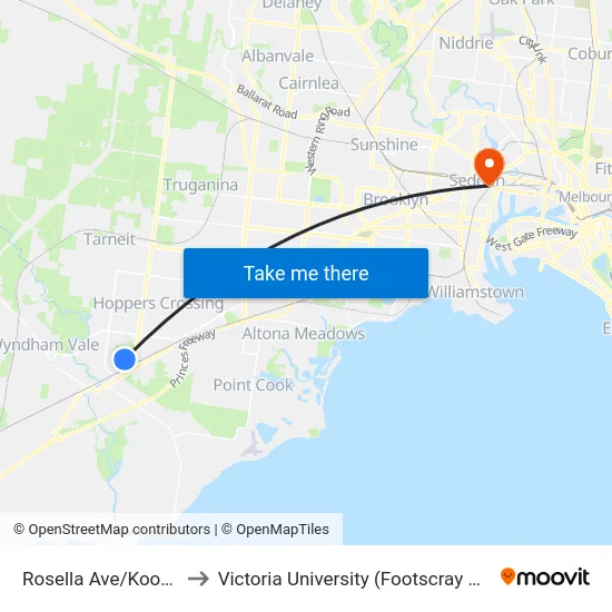 Rosella Ave/Kookaburra Ave to Victoria University (Footscray Nicholson Campus) map