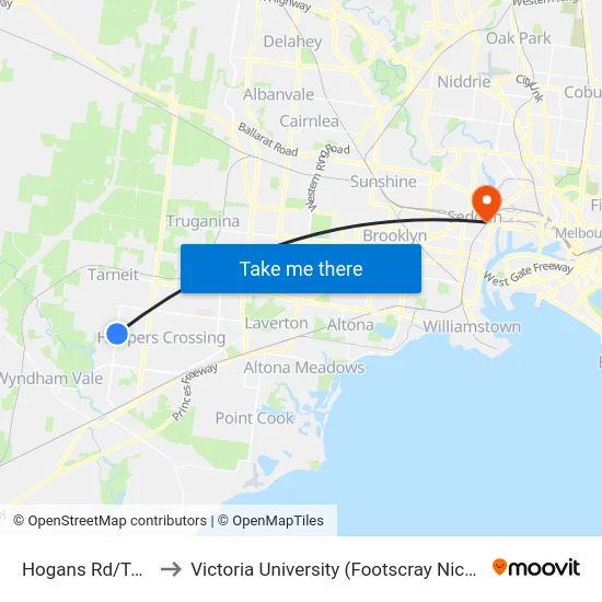 Hogans Rd/Tarneit Rd to Victoria University (Footscray Nicholson Campus) map