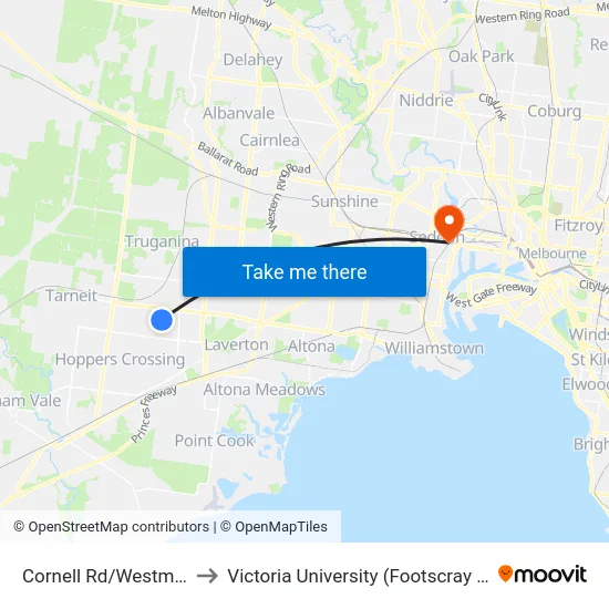 Cornell Rd/Westmeadows Lane to Victoria University (Footscray Nicholson Campus) map