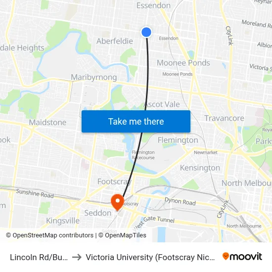 Lincoln Rd/Buckley St to Victoria University (Footscray Nicholson Campus) map