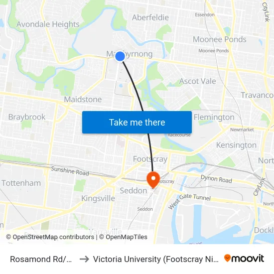 Rosamond Rd/Raleigh Rd to Victoria University (Footscray Nicholson Campus) map