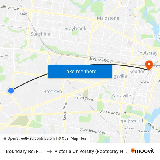 Boundary Rd/Fairbairn Rd to Victoria University (Footscray Nicholson Campus) map