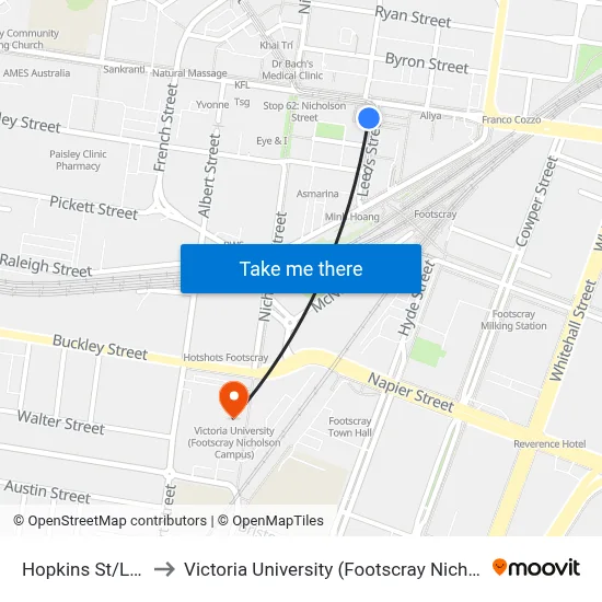 Hopkins St/Leeds St to Victoria University (Footscray Nicholson Campus) map