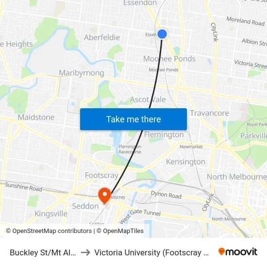 Buckley St/Mt Alexander Rd to Victoria University (Footscray Nicholson Campus) map