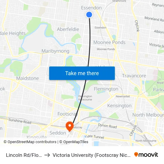 Lincoln Rd/Florence St to Victoria University (Footscray Nicholson Campus) map